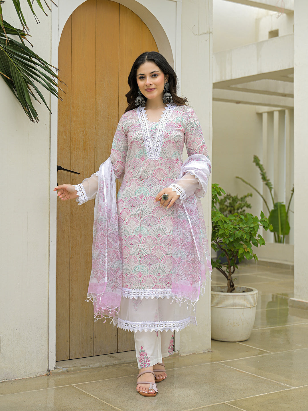 Divena White Cotton Hand Block Straight Kurta Pant Sets With Dupatta