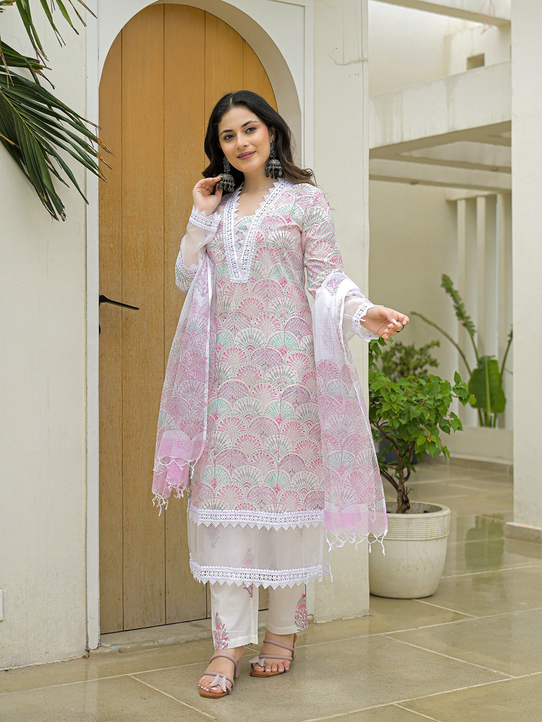 Divena White Cotton Hand Block Straight Kurta Pant Sets With Dupatta