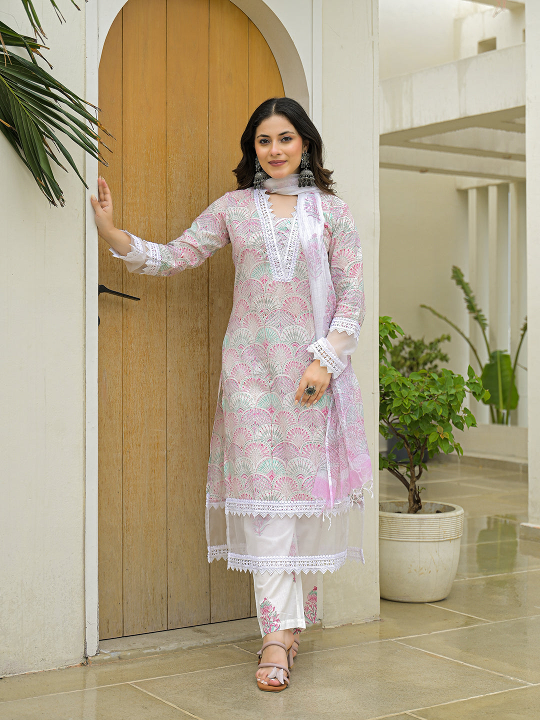 Divena White Cotton Hand Block Straight Kurta Pant Sets With Dupatta