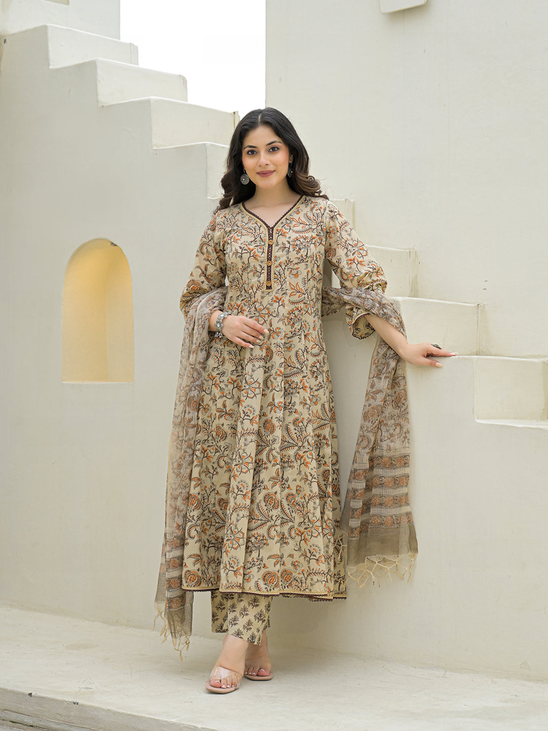 Divena Beige Cotton Hand Block Anarkali Kurta Pant Sets With Dupatta