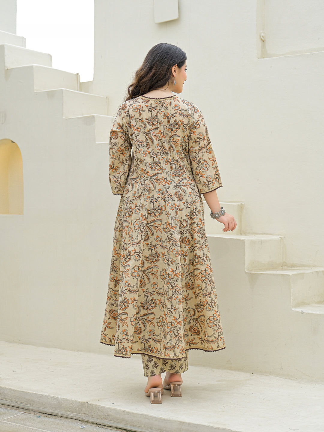 Divena Beige Cotton Hand Block Anarkali Kurta Pant Sets With Dupatta