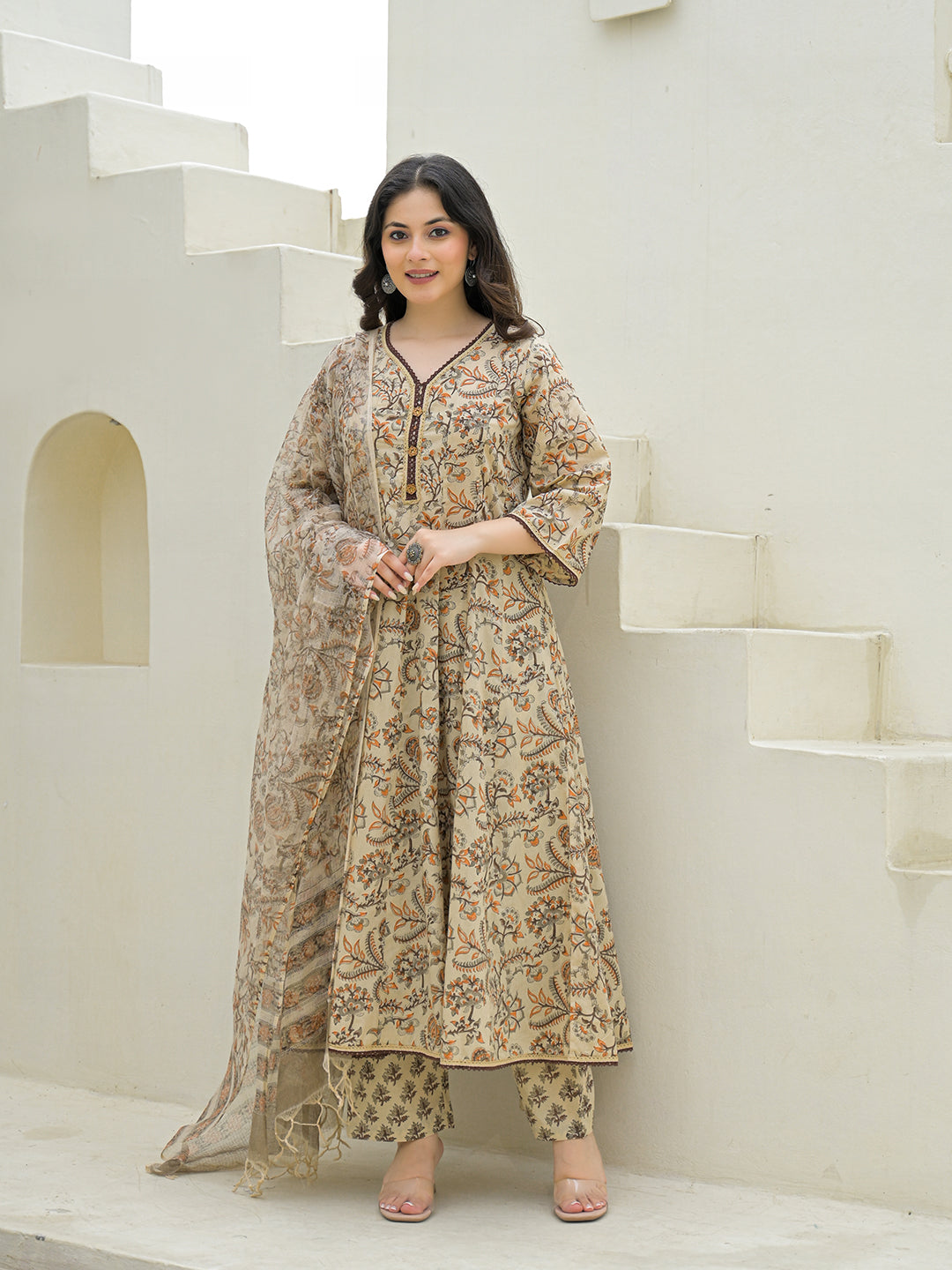 Divena Beige Cotton Hand Block Anarkali Kurta Pant Sets With Dupatta