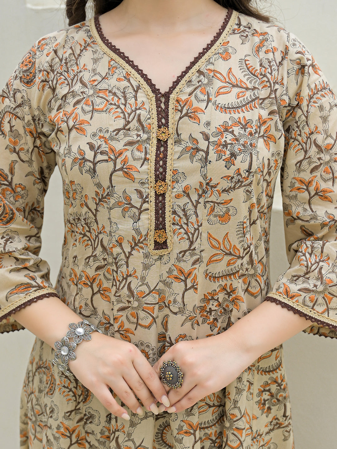 Divena Beige Cotton Hand Block Anarkali Kurta Pant Sets With Dupatta