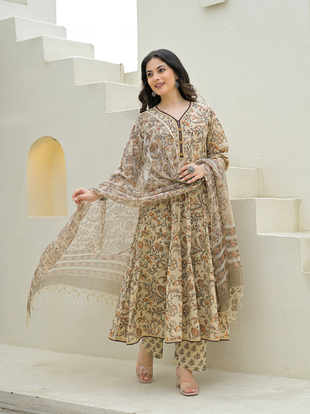 Divena Beige Cotton Hand Block Anarkali Kurta Pant Sets With Dupatta