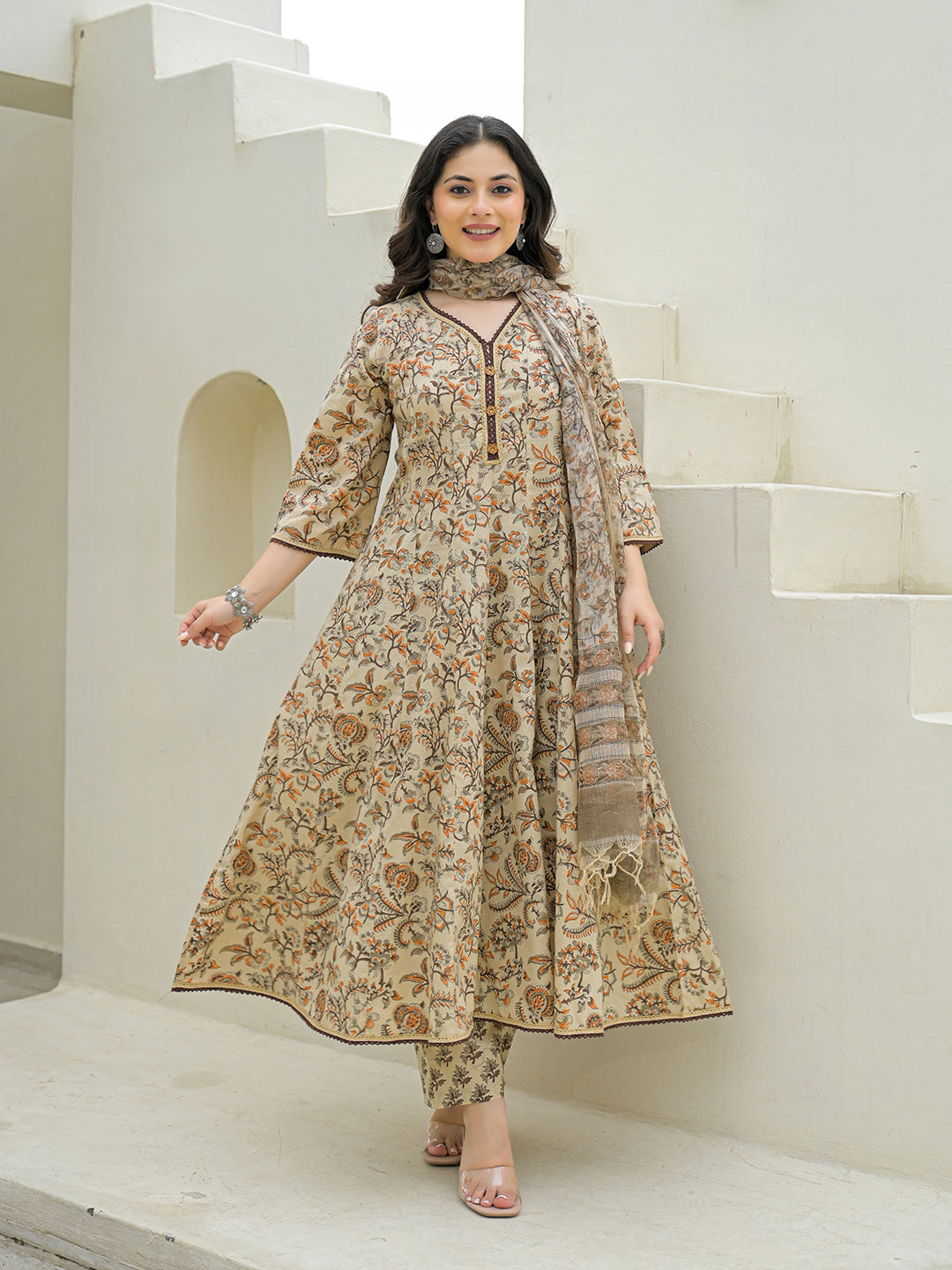 Divena Beige Cotton Hand Block Anarkali Kurta Pant Sets With Dupatta