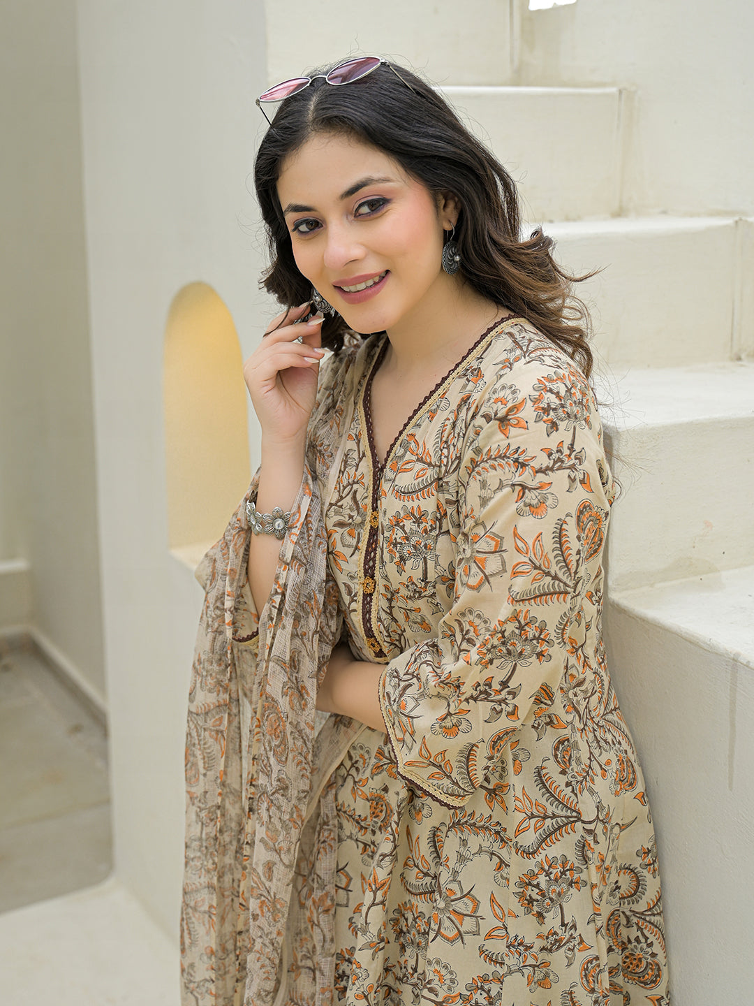 Divena Beige Cotton Hand Block Anarkali Kurta Pant Sets With Dupatta