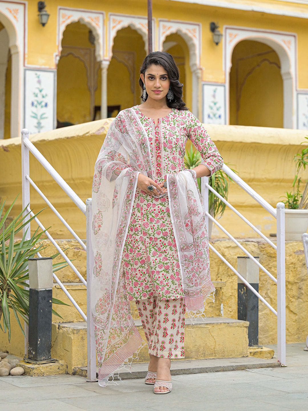 Divena Handblock Print Cotton Kurta Pant Set with Dupatta