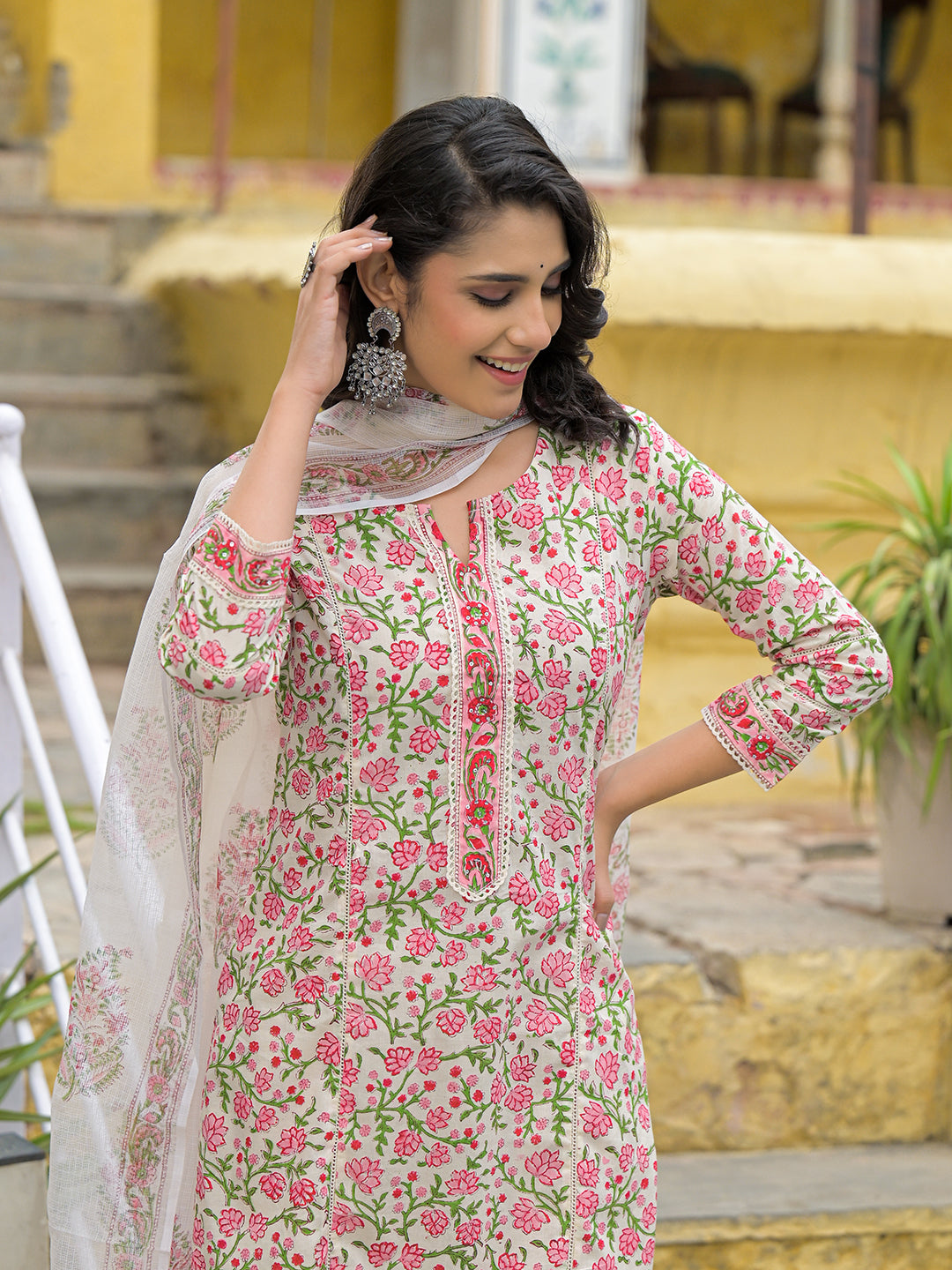 Divena Handblock Print Cotton Kurta Pant Set with Dupatta