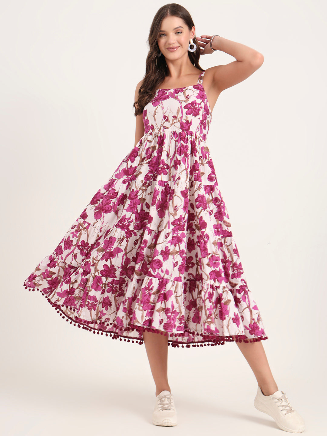 Divena Purple Printed Cotton Shoulder Strap Pompom Dress