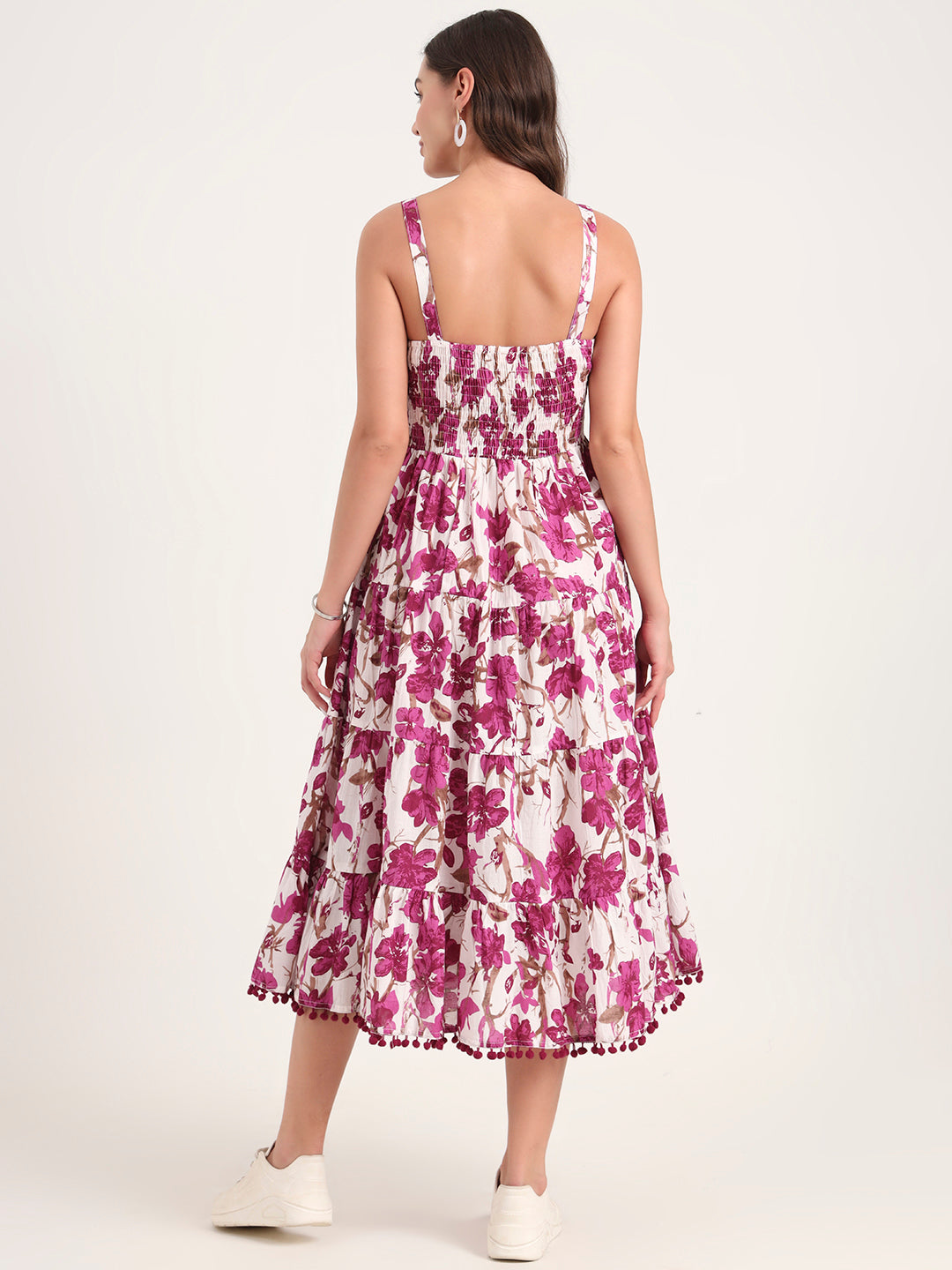 Divena Purple Printed Cotton Shoulder Strap Pompom Dress