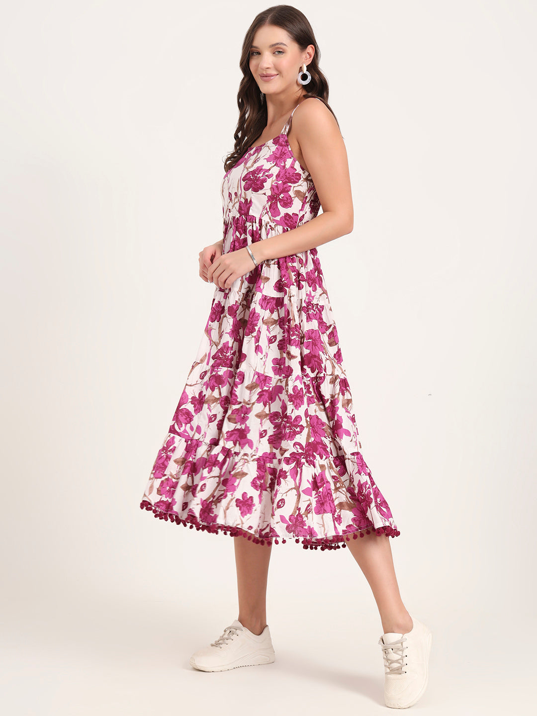 Divena Purple Printed Cotton Shoulder Strap Pompom Dress