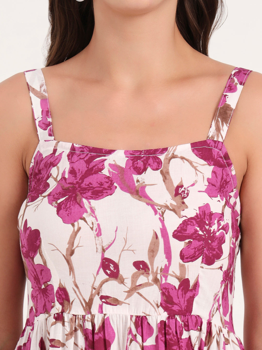 Divena Purple Printed Cotton Shoulder Strap Pompom Dress