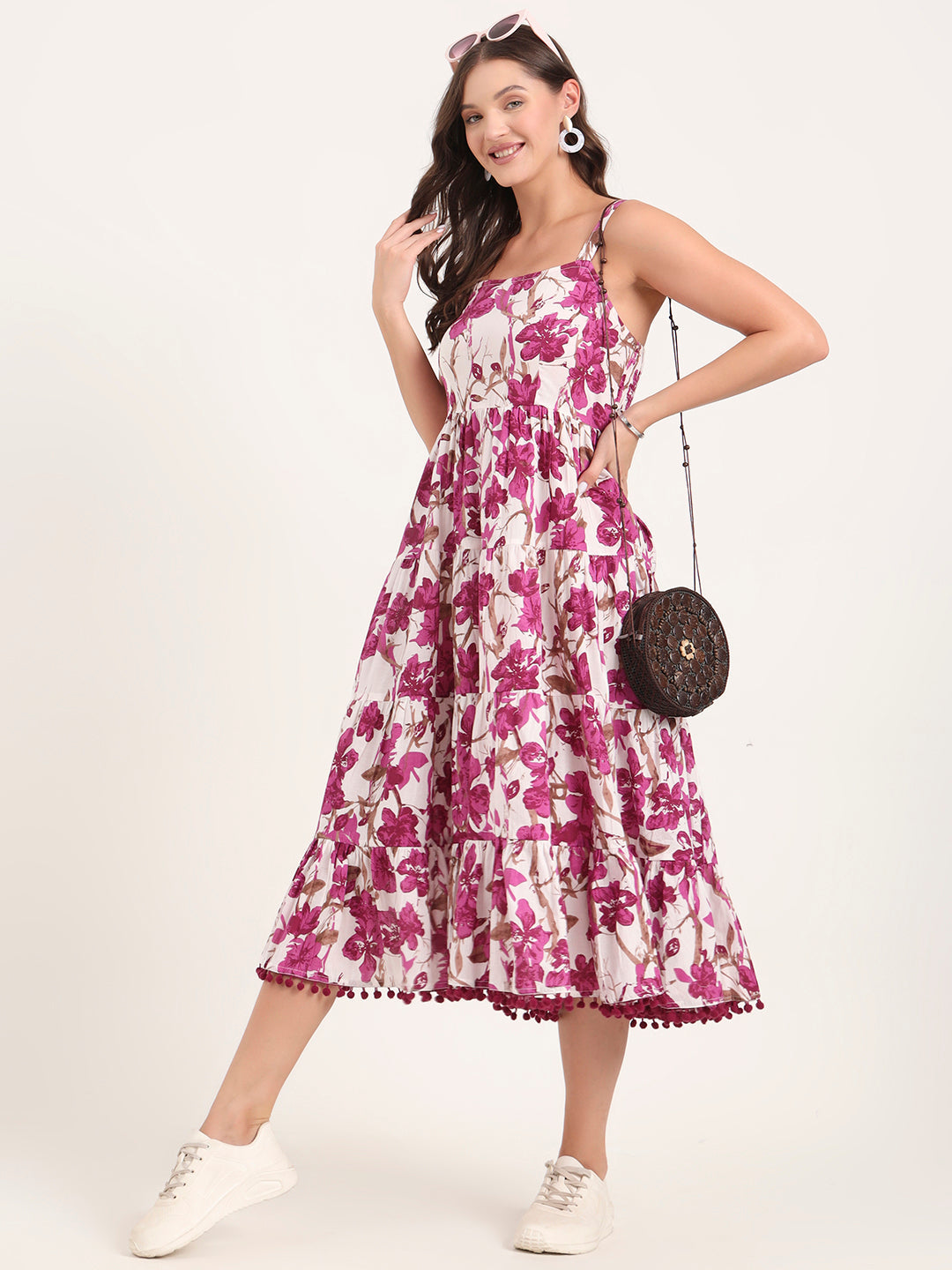 Divena Purple Printed Cotton Shoulder Strap Pompom Dress
