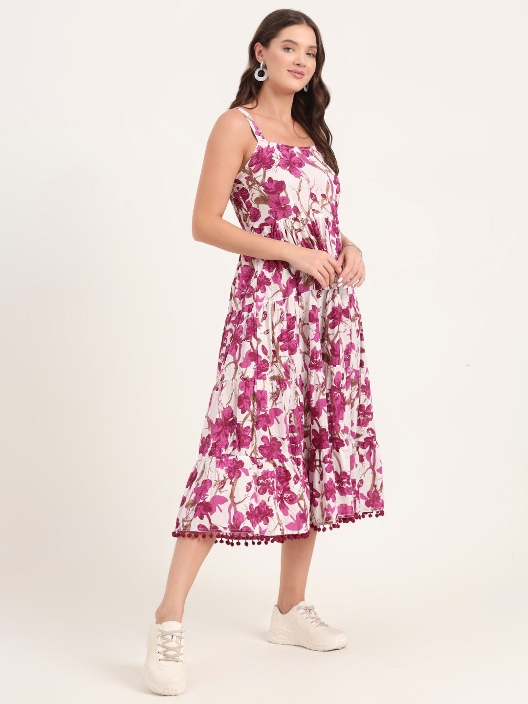 Divena Purple Printed Cotton Shoulder Strap Pompom Dress