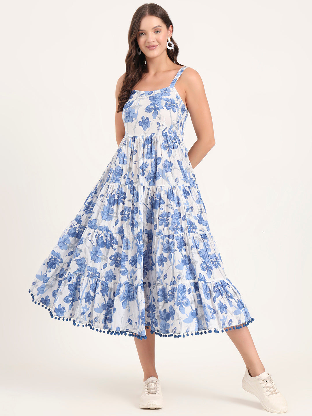 Divena Blue Printed Cotton Shoulder Strap Pompom Dress