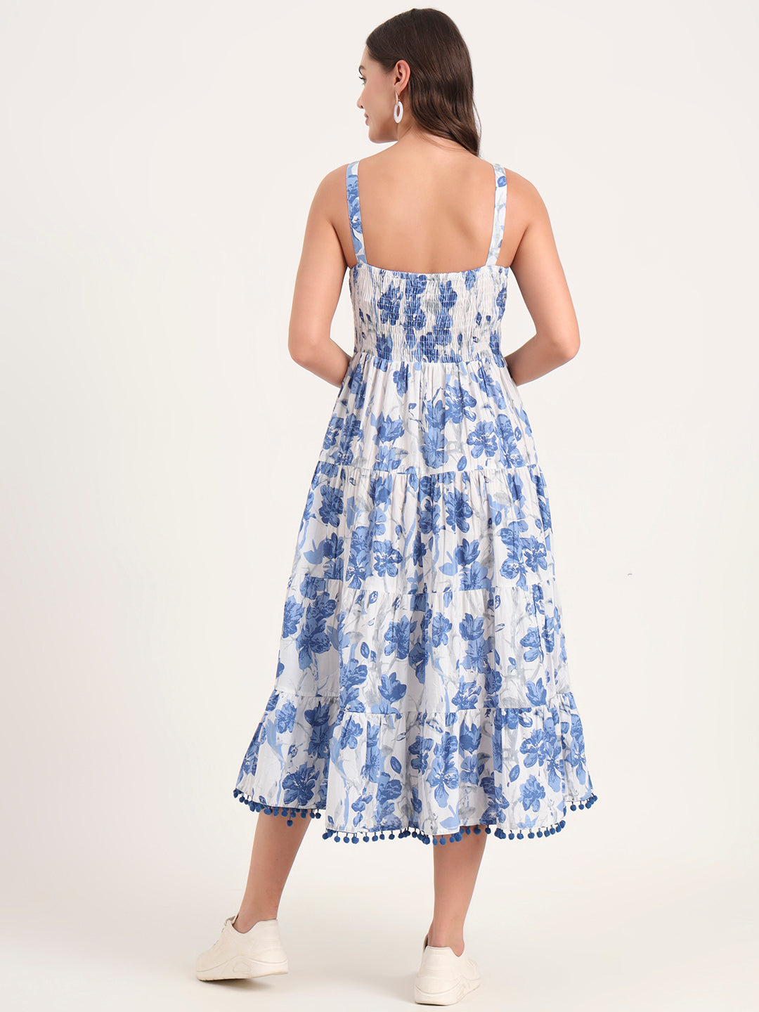 Divena Blue Printed Cotton Shoulder Strap Pompom Dress