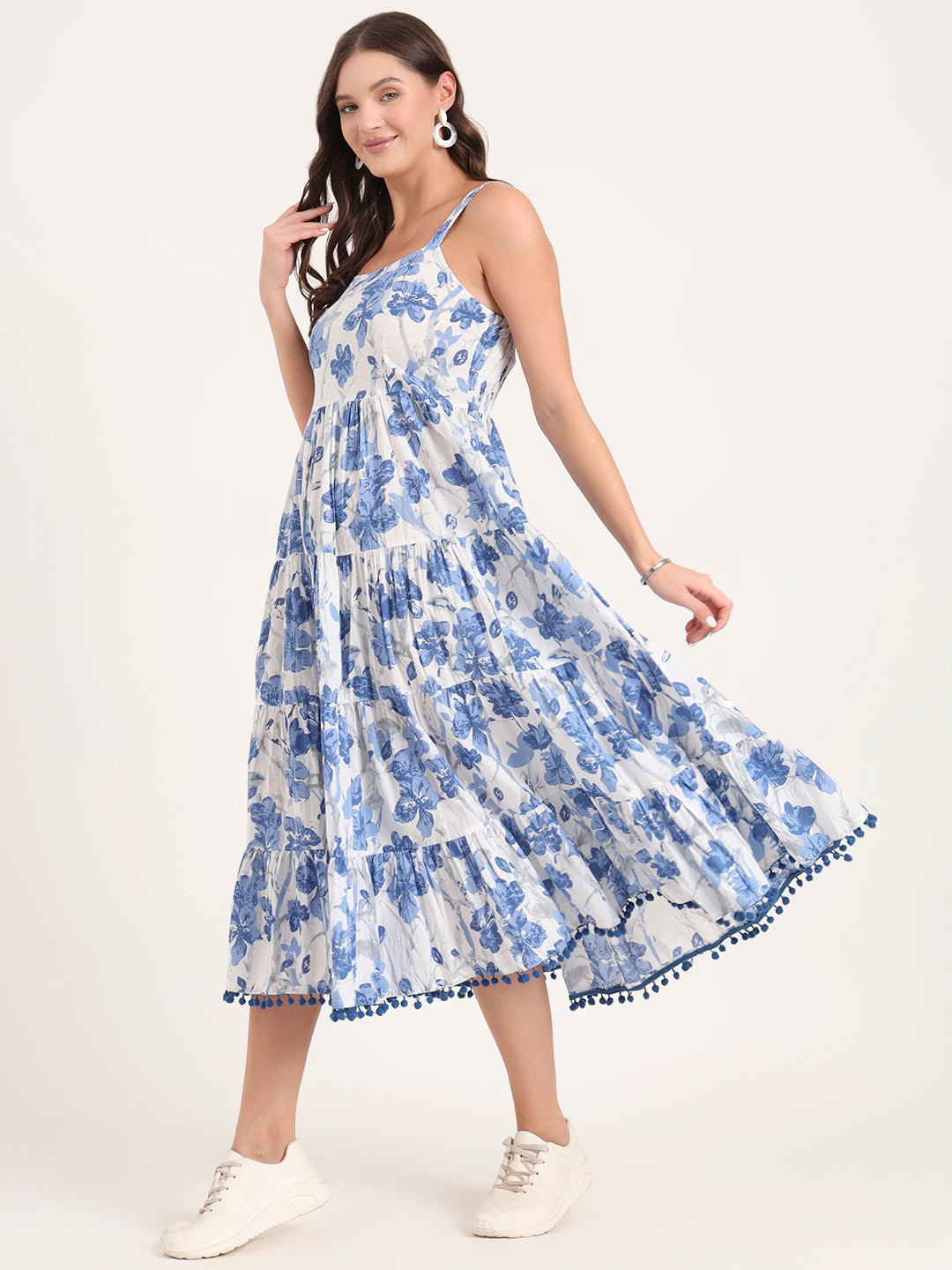 Divena Blue Printed Cotton Shoulder Strap Pompom Dress