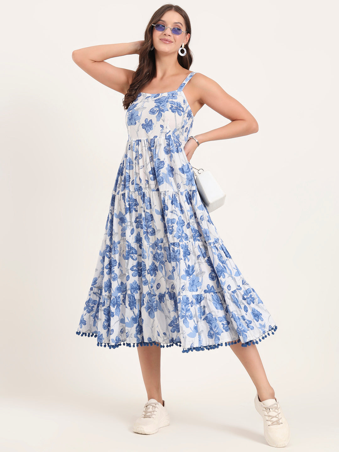 Divena Blue Printed Cotton Shoulder Strap Pompom Dress