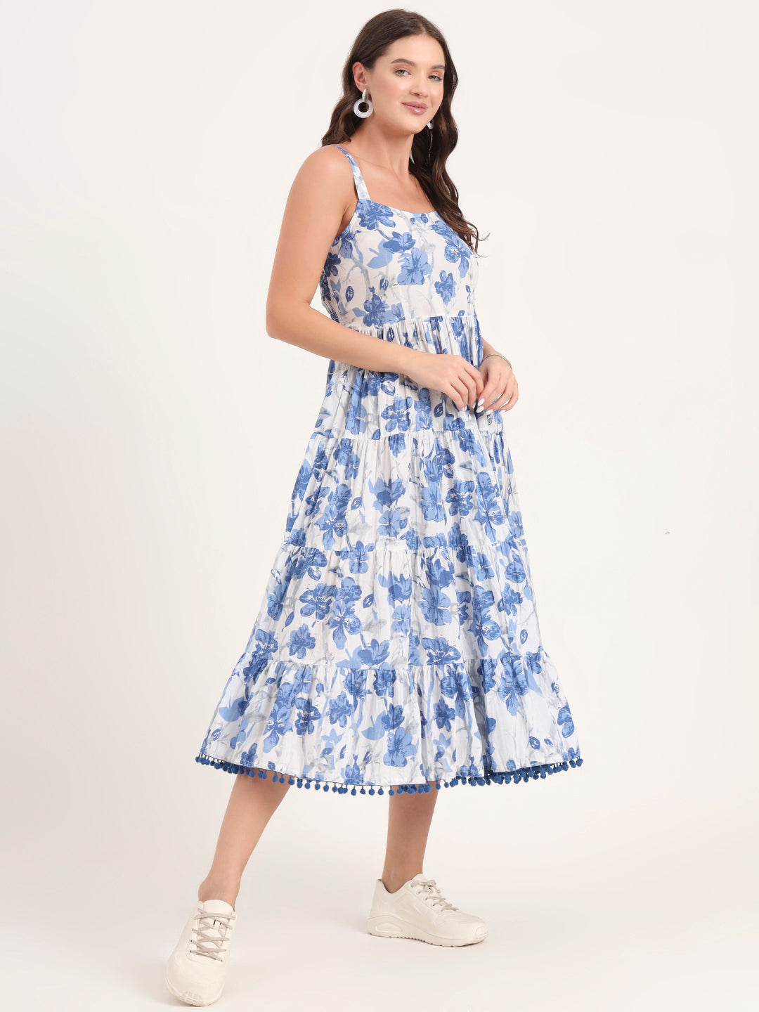 Divena Blue Printed Cotton Shoulder Strap Pompom Dress