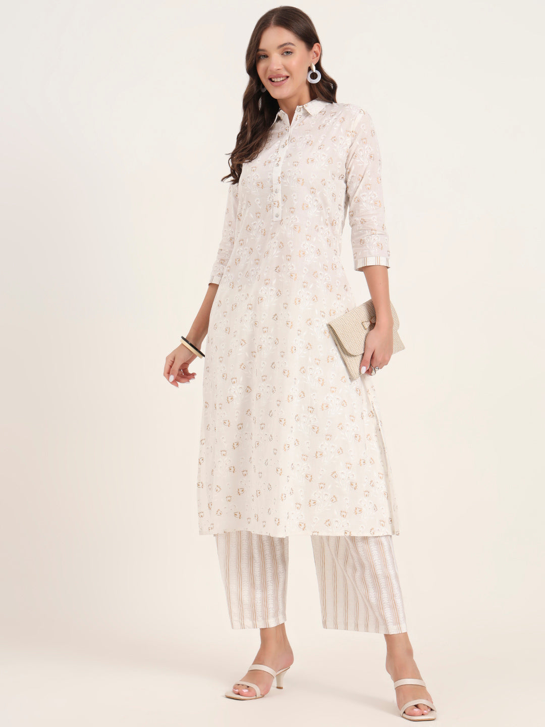 Divena White Floral Printed Cotton Kurta Pant Sets