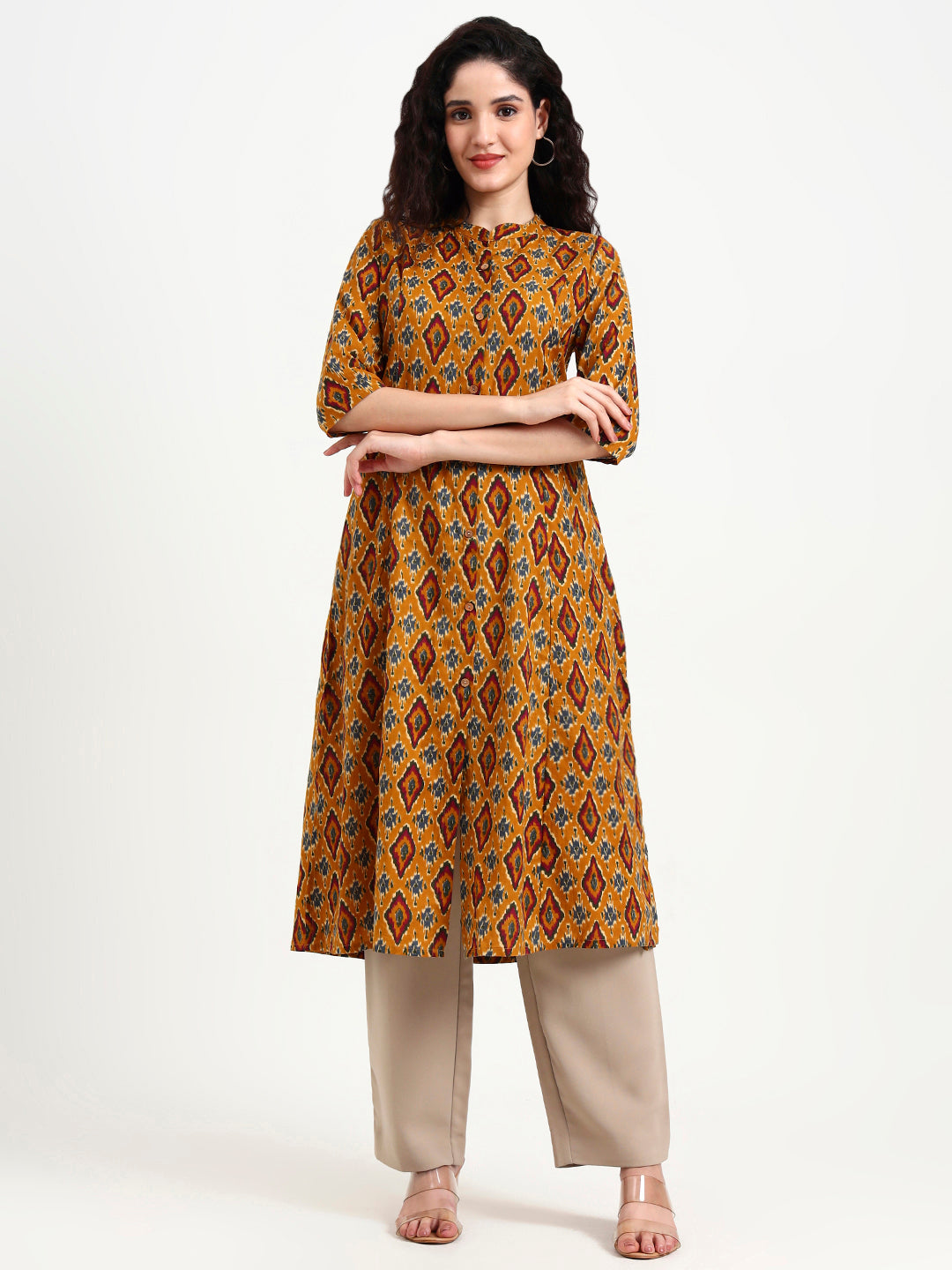 Divena Mustard Ikkat Print Cotton Kurta