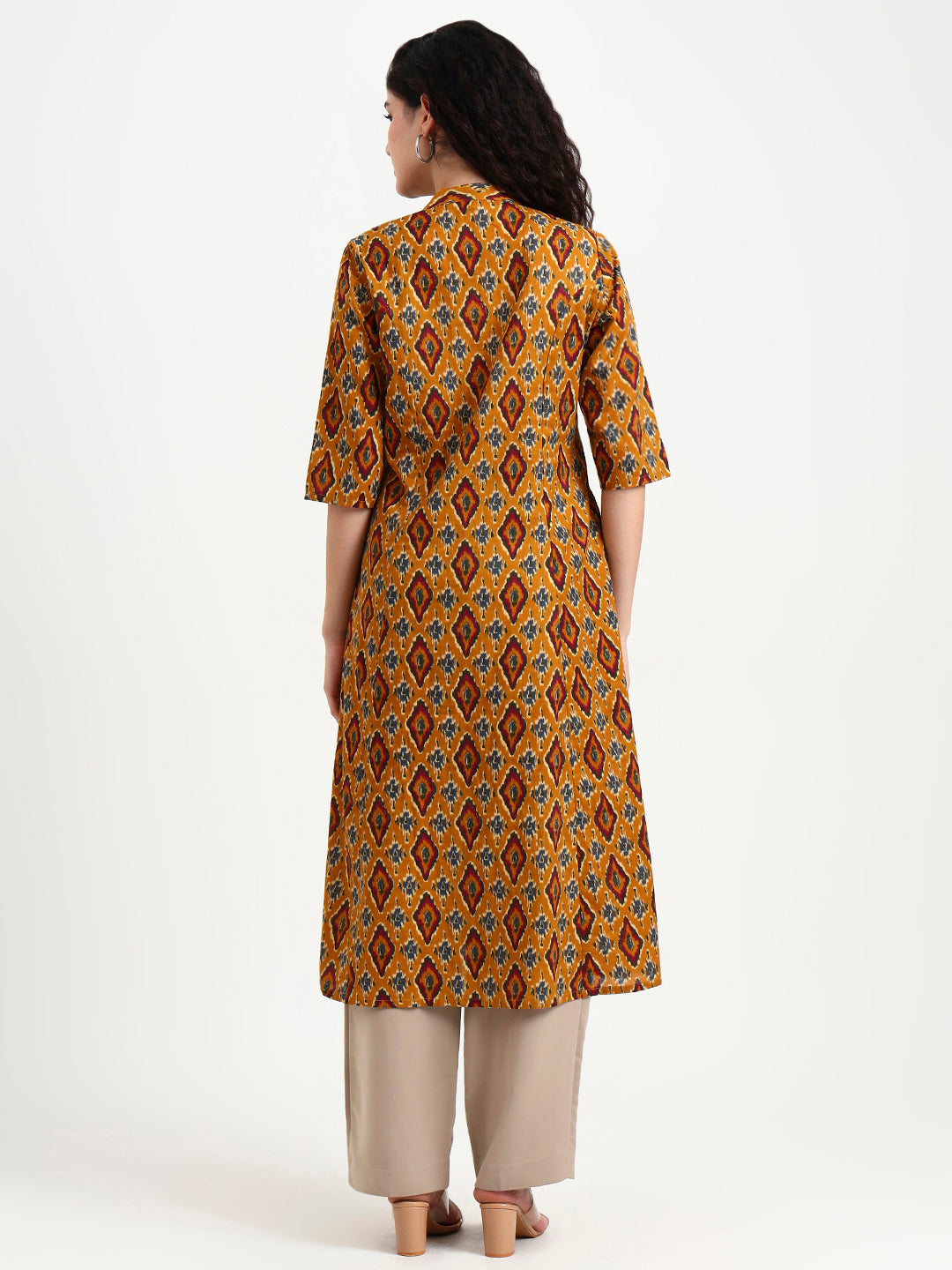 Divena Mustard Ikkat Print Cotton Kurta