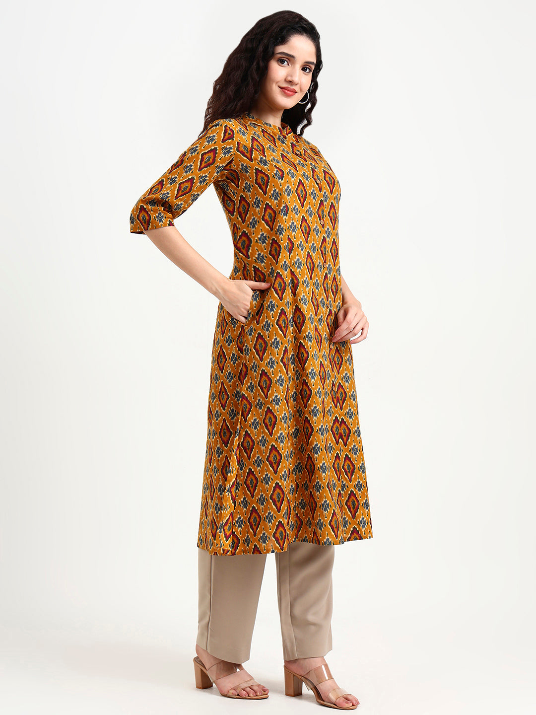 Divena Mustard Ikkat Print Cotton Kurta