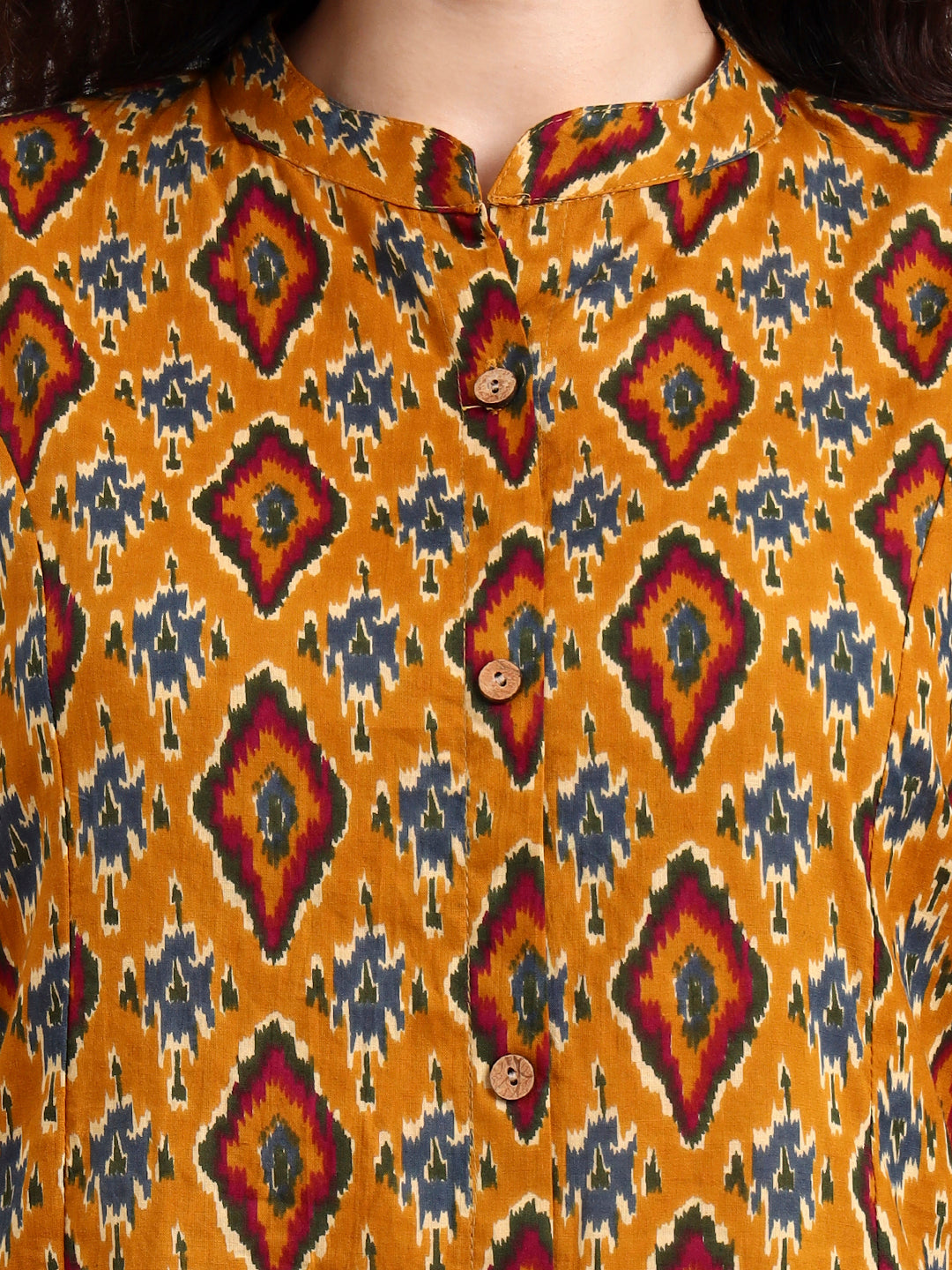 Divena Mustard Ikkat Print Cotton Kurta