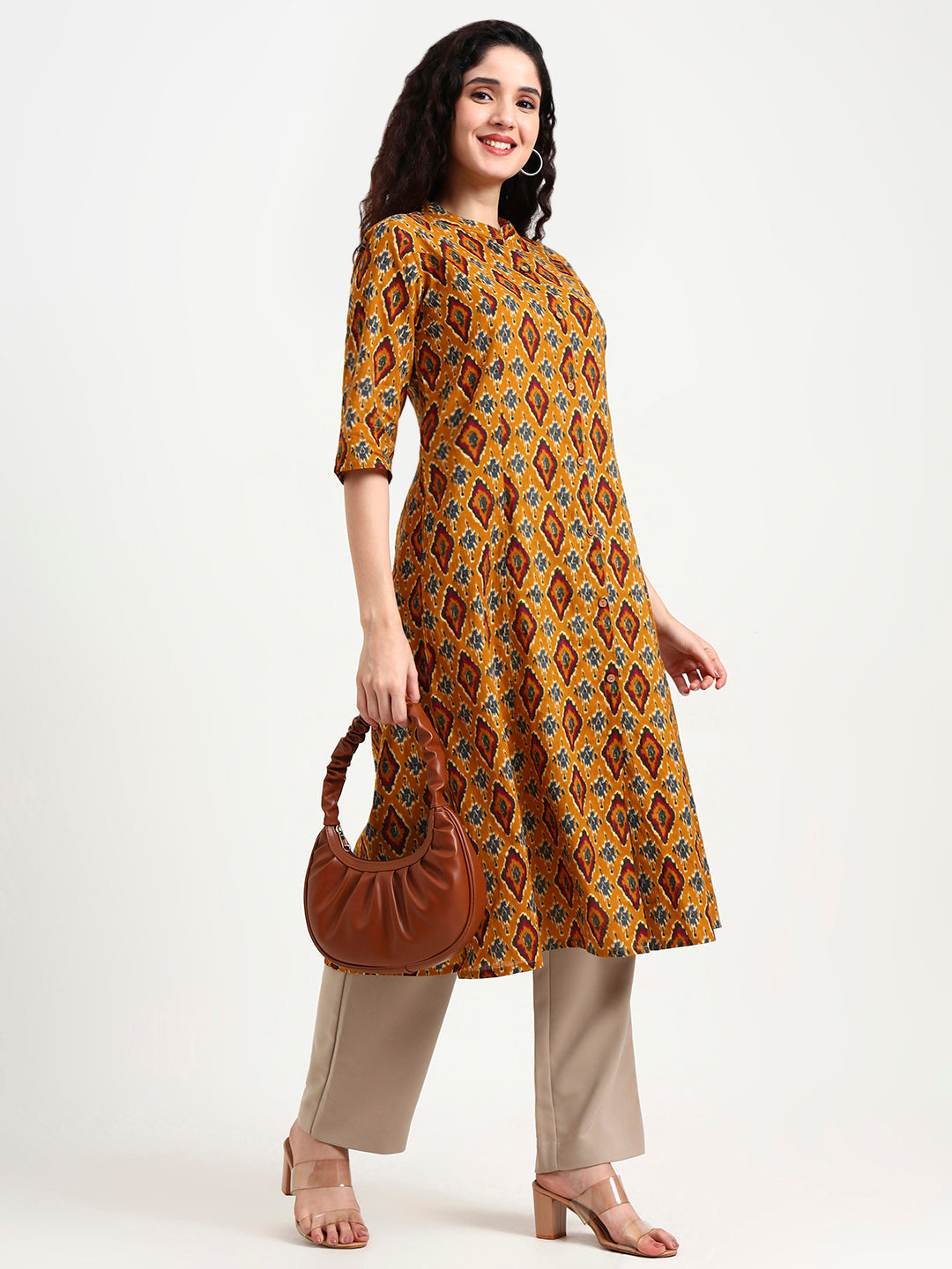 Divena Mustard Ikkat Print Cotton Kurta
