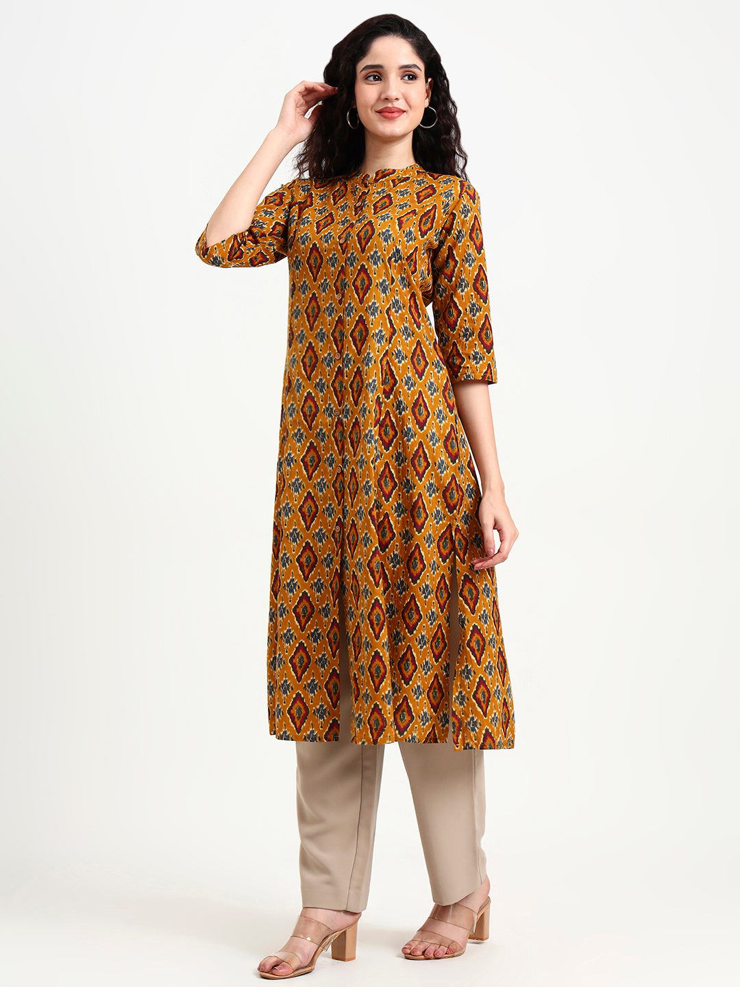 Divena Mustard Ikkat Print Cotton Kurta