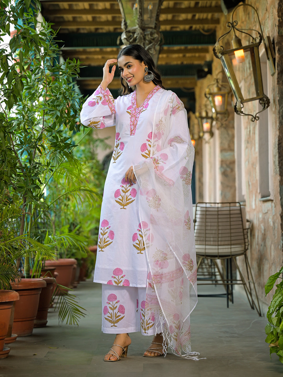 Divena White Hand Block Print Cotton Kurta Sets With Dupatta