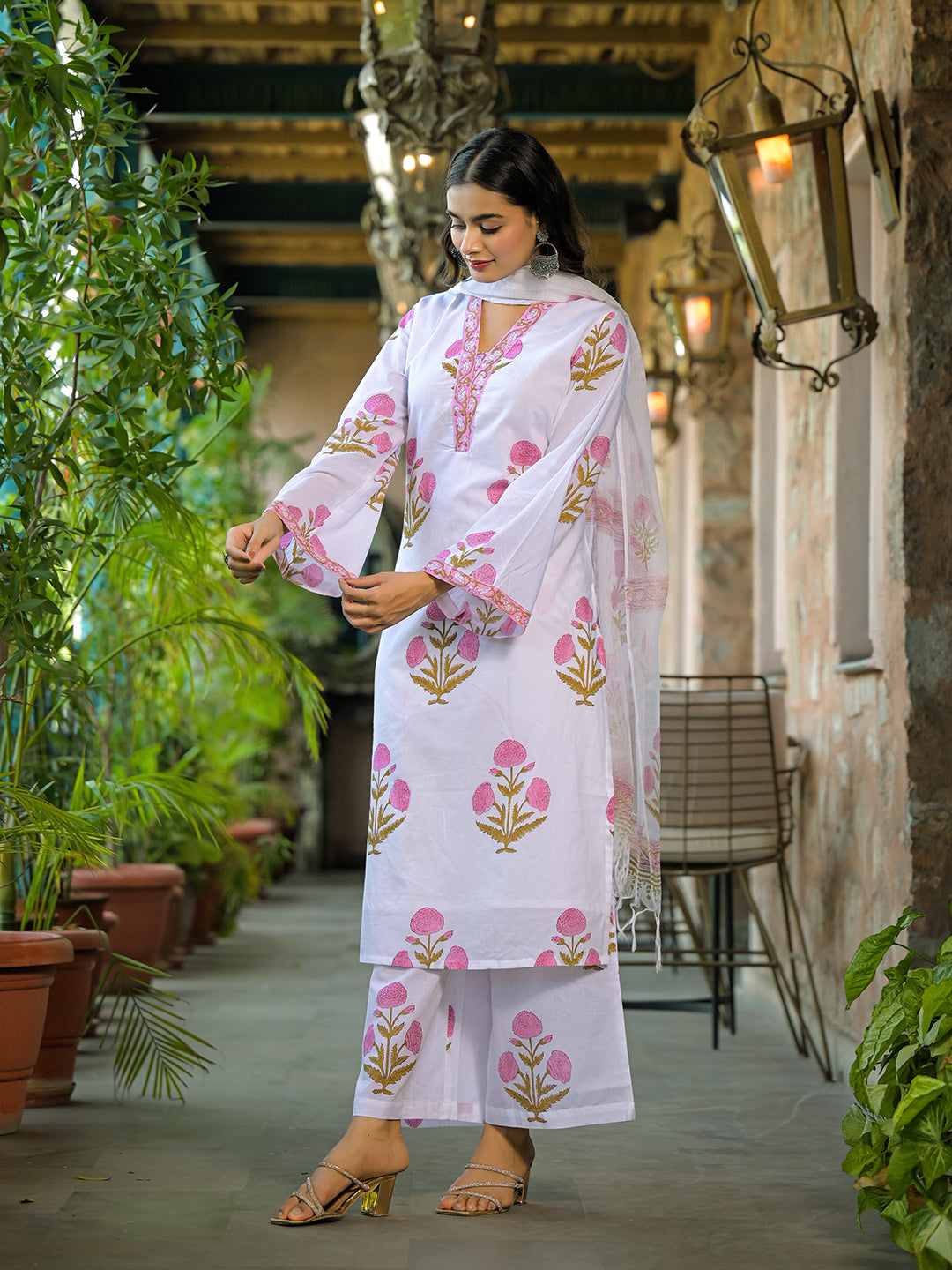 Divena White Hand Block Print Cotton Kurta Sets With Dupatta