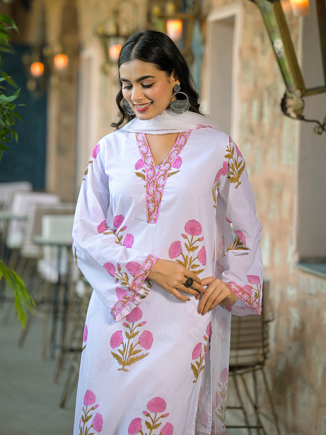 Divena White Hand Block Print Cotton Kurta Sets With Dupatta