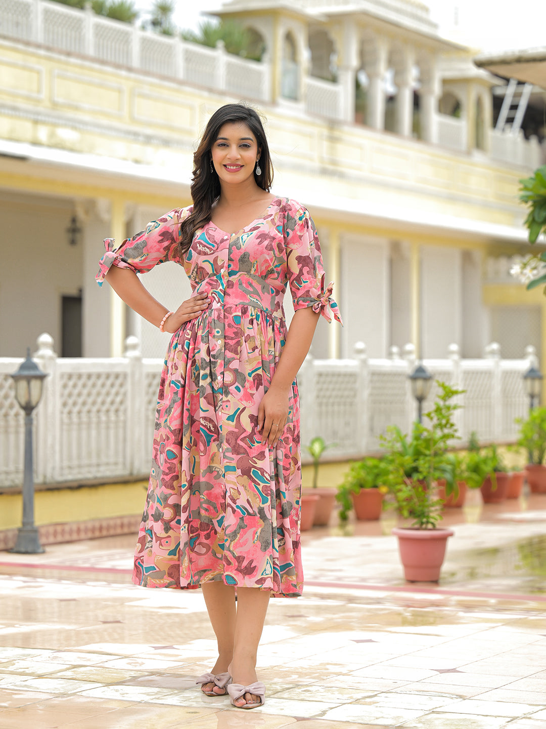 Divena Pink Rayon Flare Midi Dress