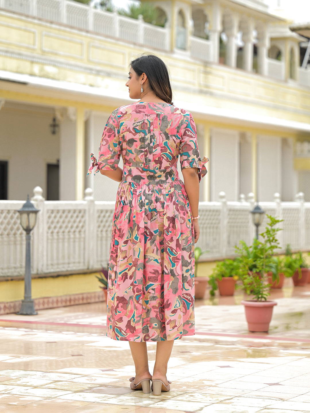 Divena Pink Rayon Flare Midi Dress