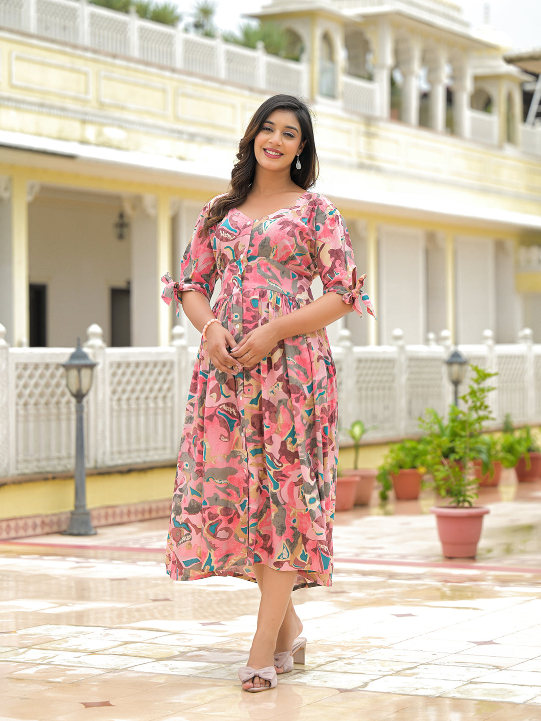 Divena Pink Rayon Flare Midi Dress