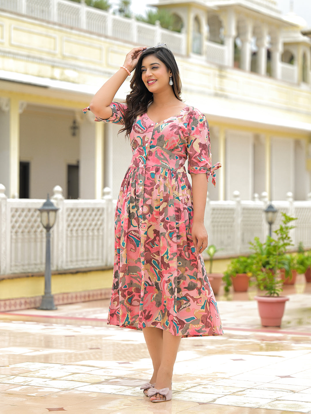 Divena Pink Rayon Flare Midi Dress