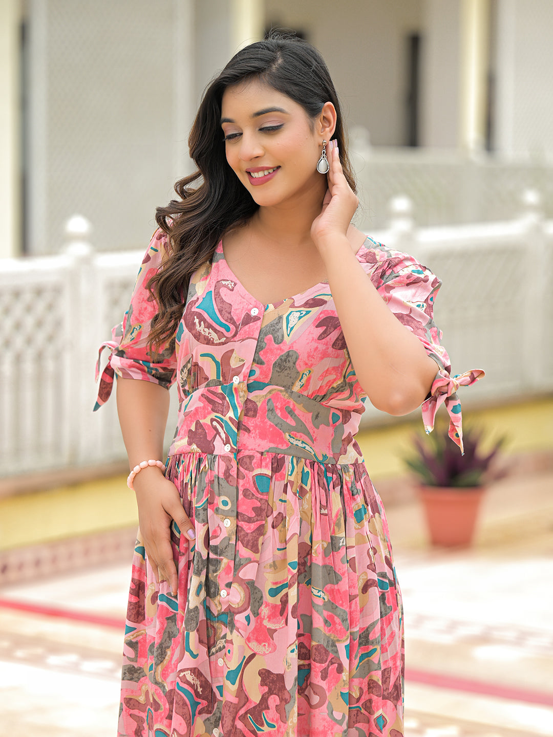 Divena Pink Rayon Flare Midi Dress