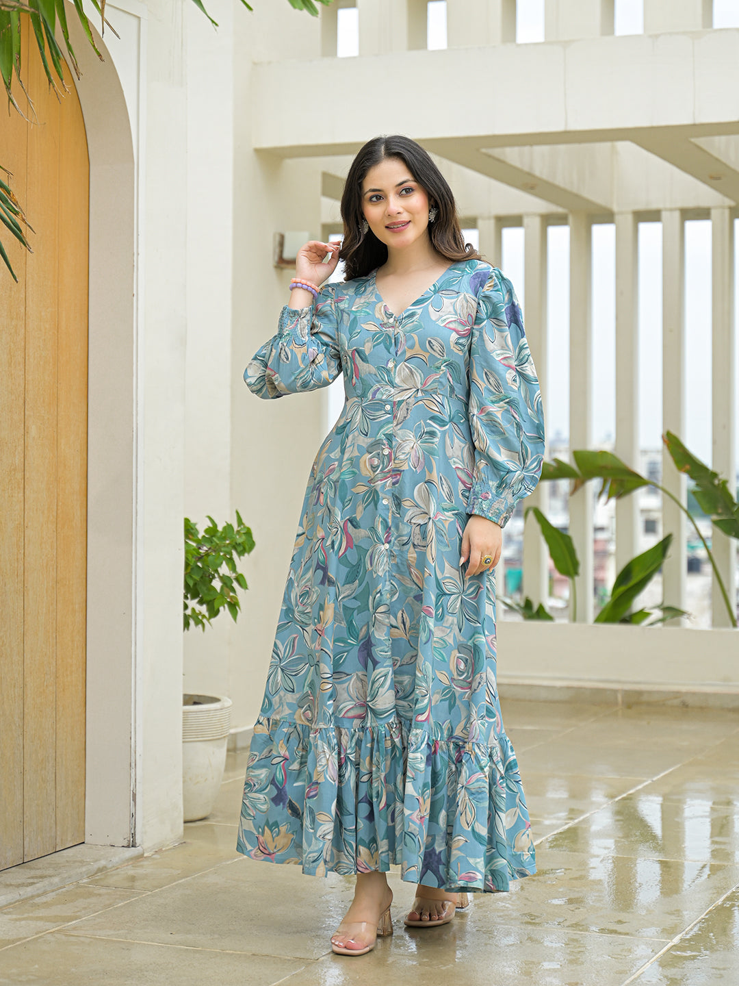 Divena Sky Blue Rayon Flare Dress