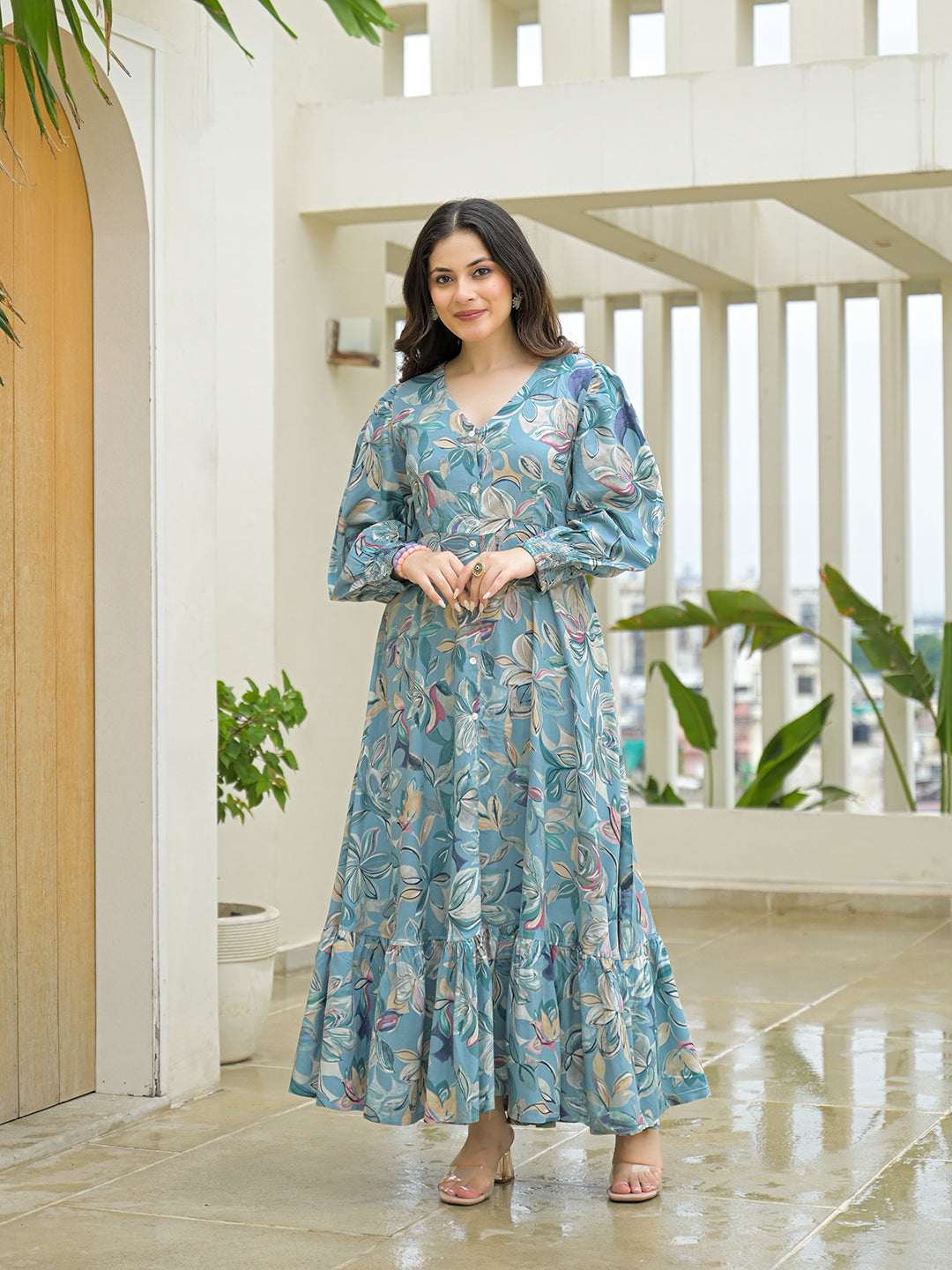 Divena Sky Blue Rayon Flare Dress