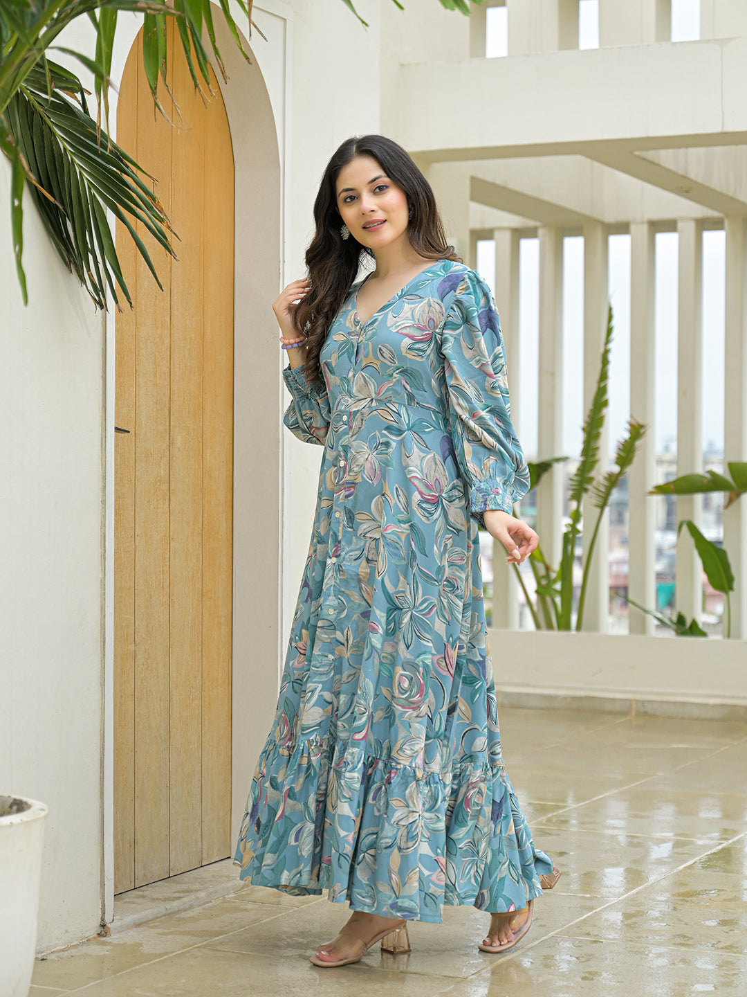 Divena Sky Blue Rayon Flare Dress