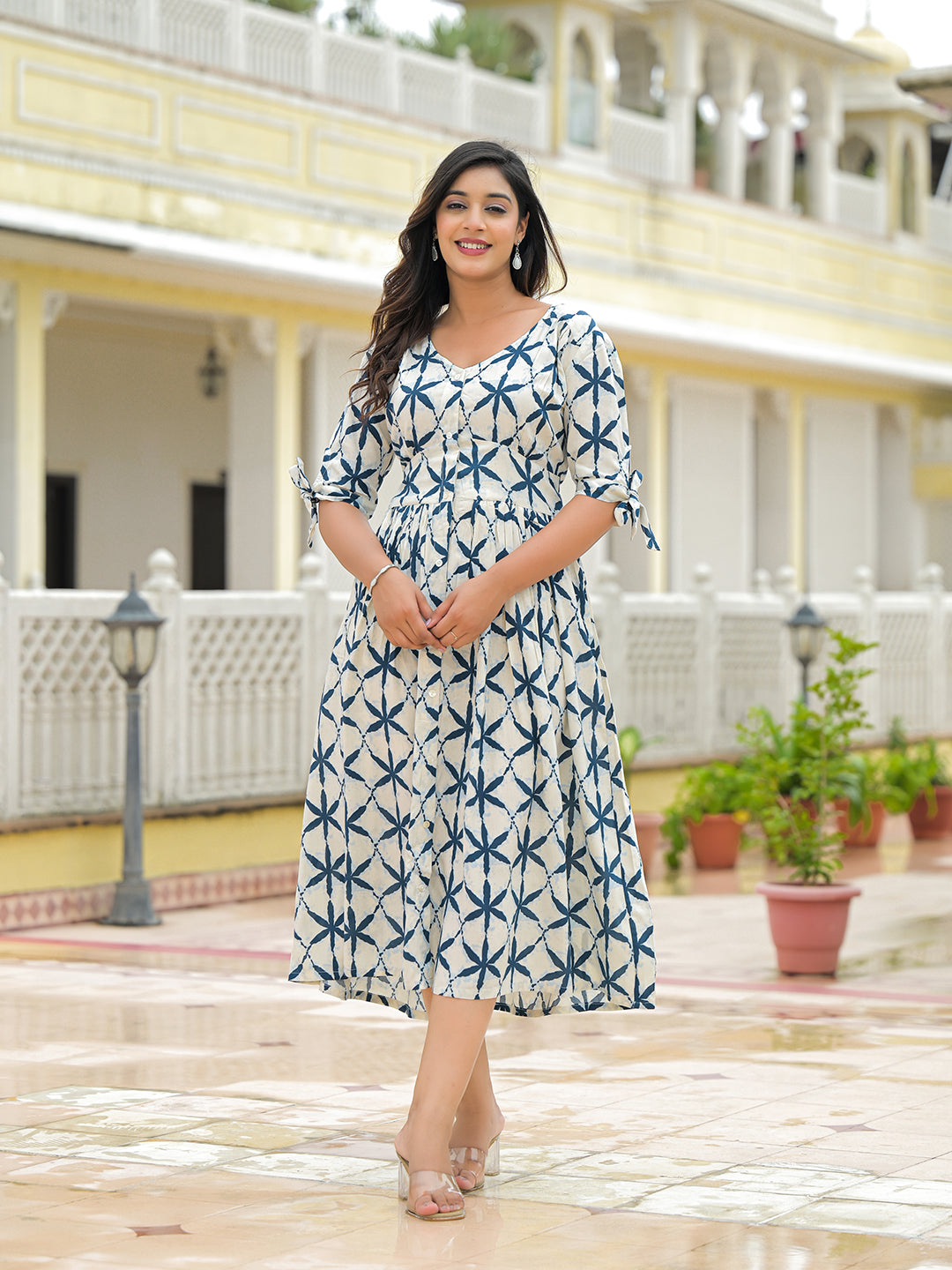 Divena Cream Rayon Flare Midi Dress