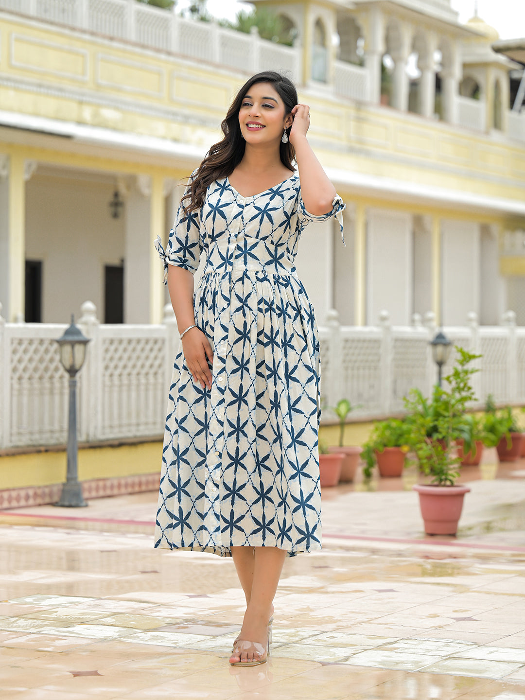 Divena Cream Rayon Flare Midi Dress