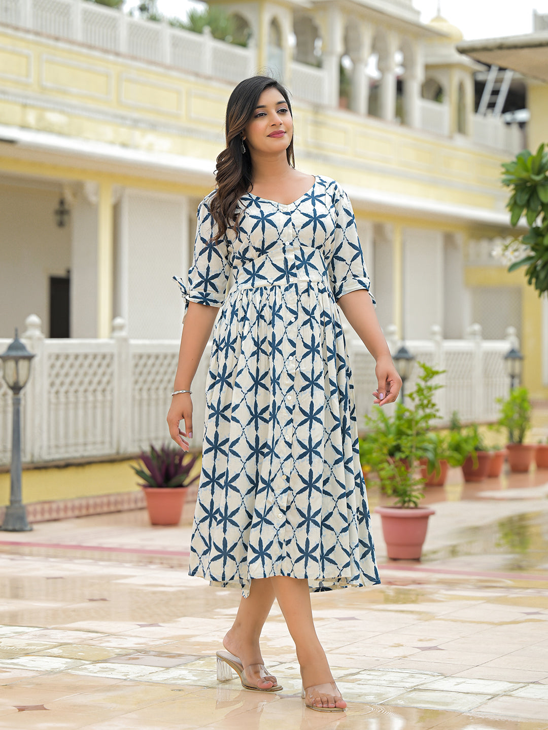 Divena Cream Rayon Flare Midi Dress