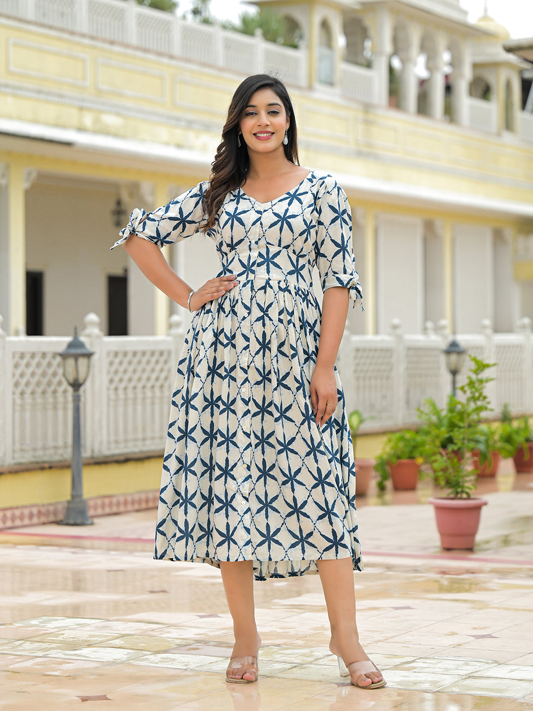 Divena Cream Rayon Flare Midi Dress