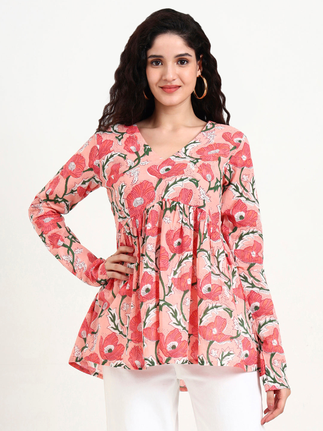 Divena Pink Floral Print Peplum Cotton Top