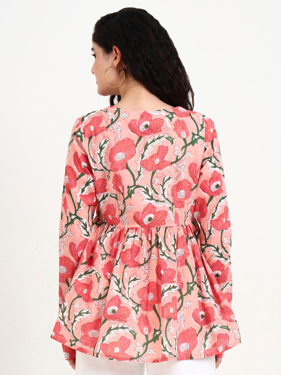 Divena Pink Floral Print Peplum Cotton Top