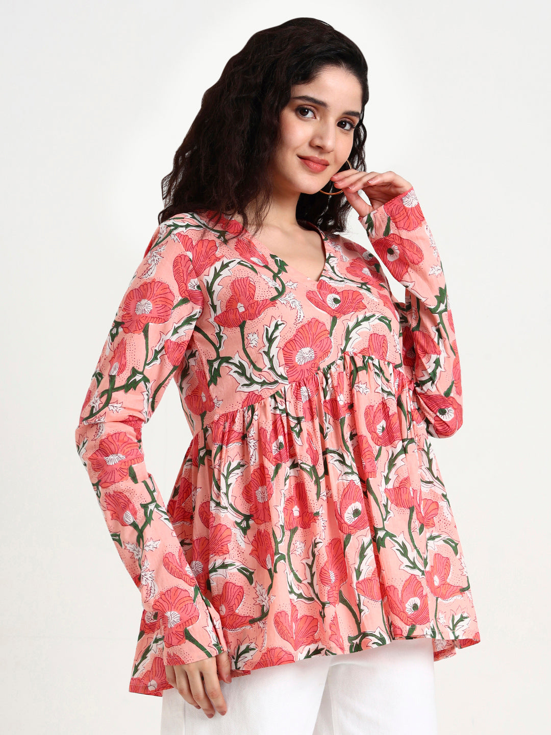 Divena Pink Floral Print Peplum Cotton Top