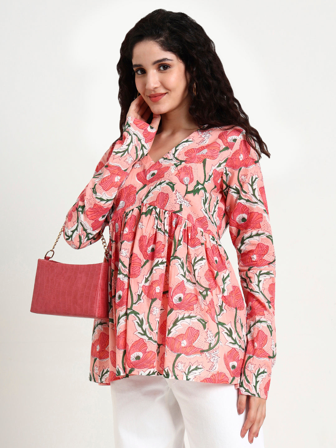 Divena Pink Floral Print Peplum Cotton Top