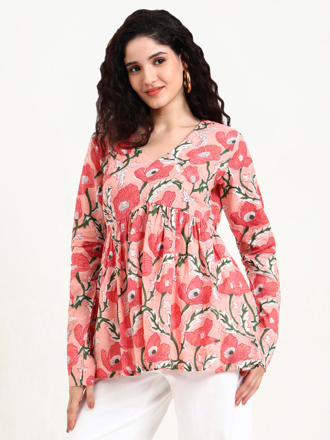 Divena Pink Floral Print Peplum Cotton Top
